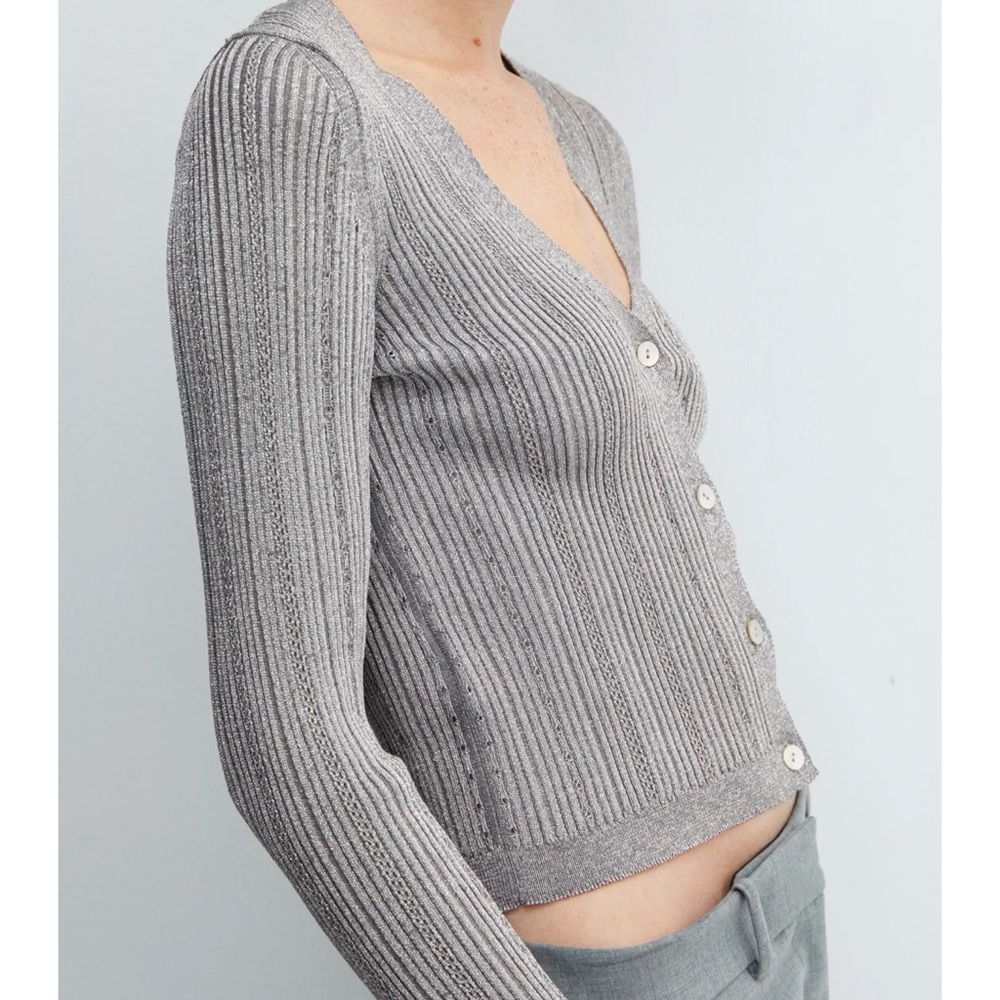 Mango Openwork Knit Cardigan Silver Grey